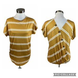 Striped‎ Mustard Button Back Short Sleeved Blouse